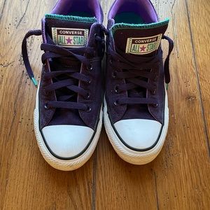 Purple converse with neon green stitching size 8